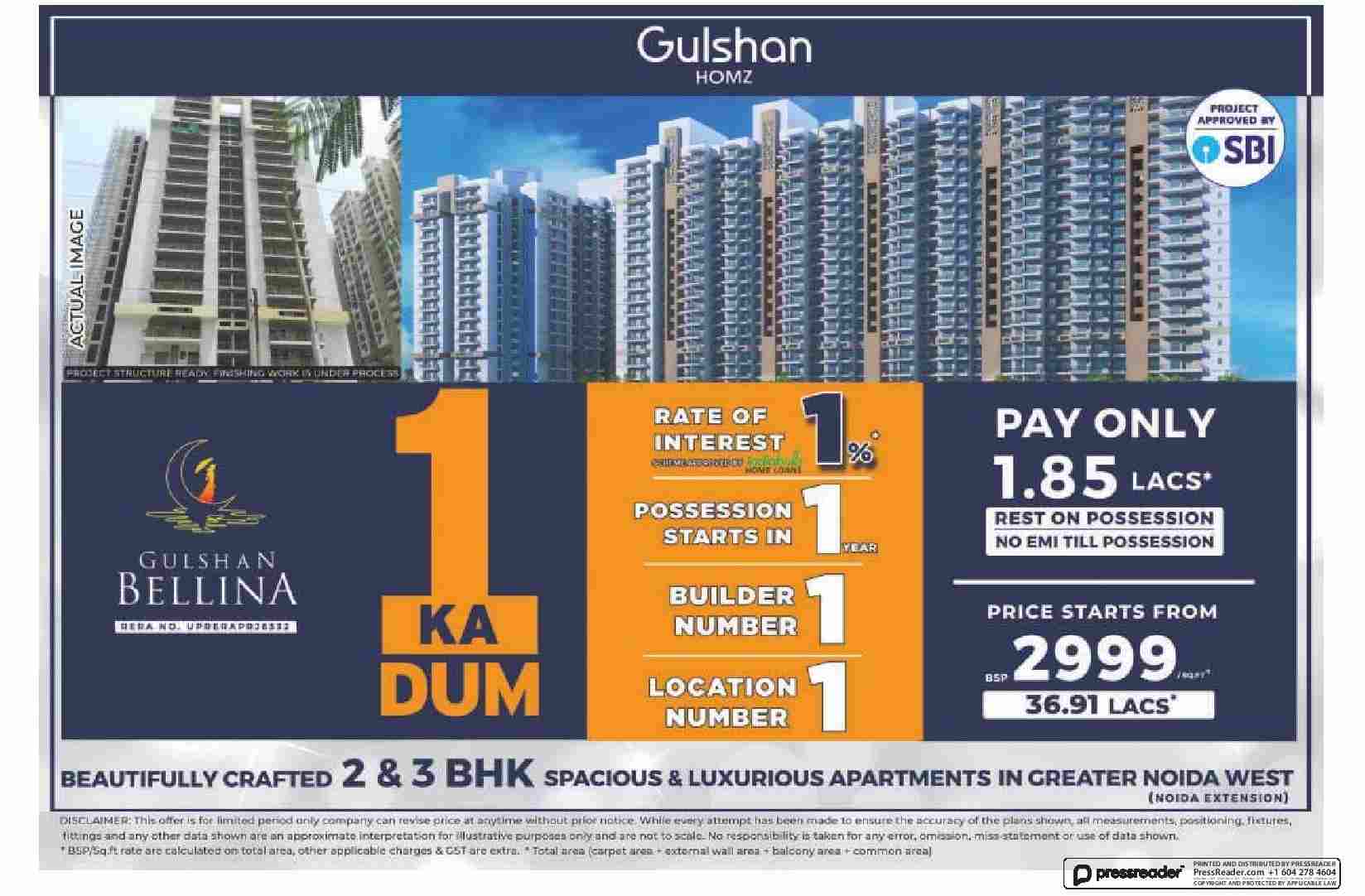 Pay only Rs. 1.85 Lacs and rest on possession at Gulshan Bellina in Greater Noida